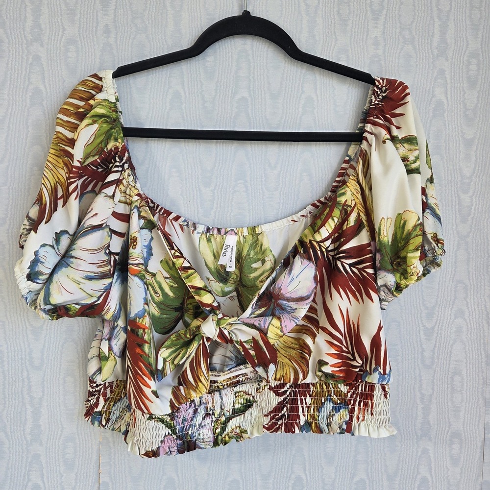 Truth NYC‎ Womens 1X Tie Front Crop Top Smocked Tropical Beach Cottage Bohemian